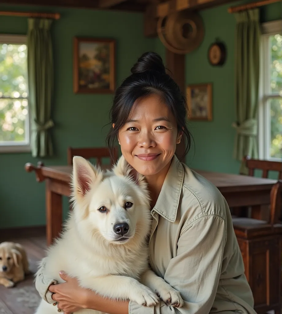 Realistics, beautiful Thai woman, 50 years old hair tied up shiny black hair , wearing linen shirt, holding a lovely white fluffy dog, 2 other dogs on the floor, green warming cottage dinning room, green atmosphere, masterpiece photo 4K high resolution