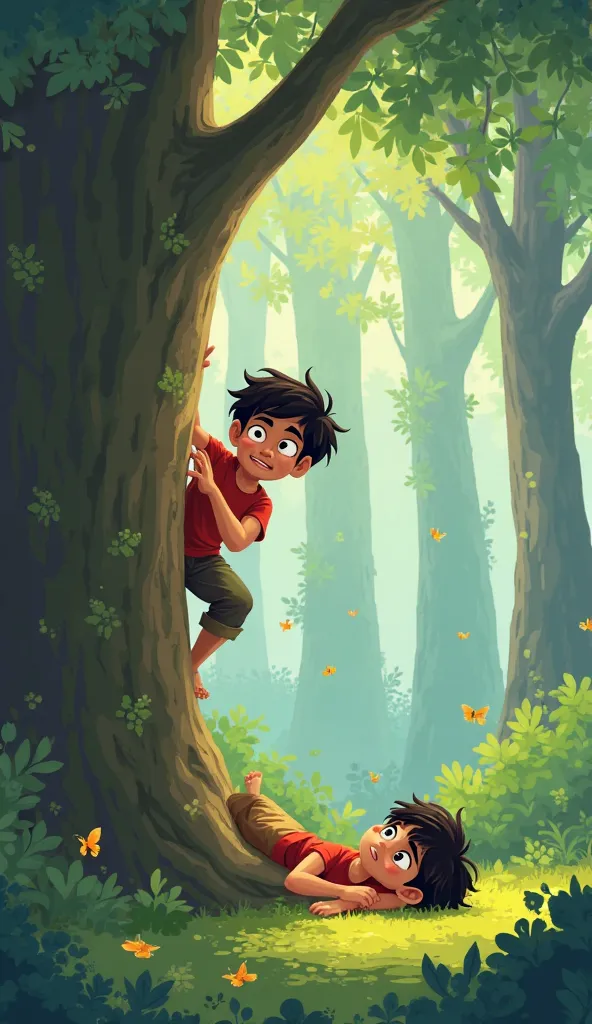 Rohan climbing down from the tree, looking worried and guilty and Arjun still lying on the ground, unharmed, with the forest quiet and peaceful again. cartoon type