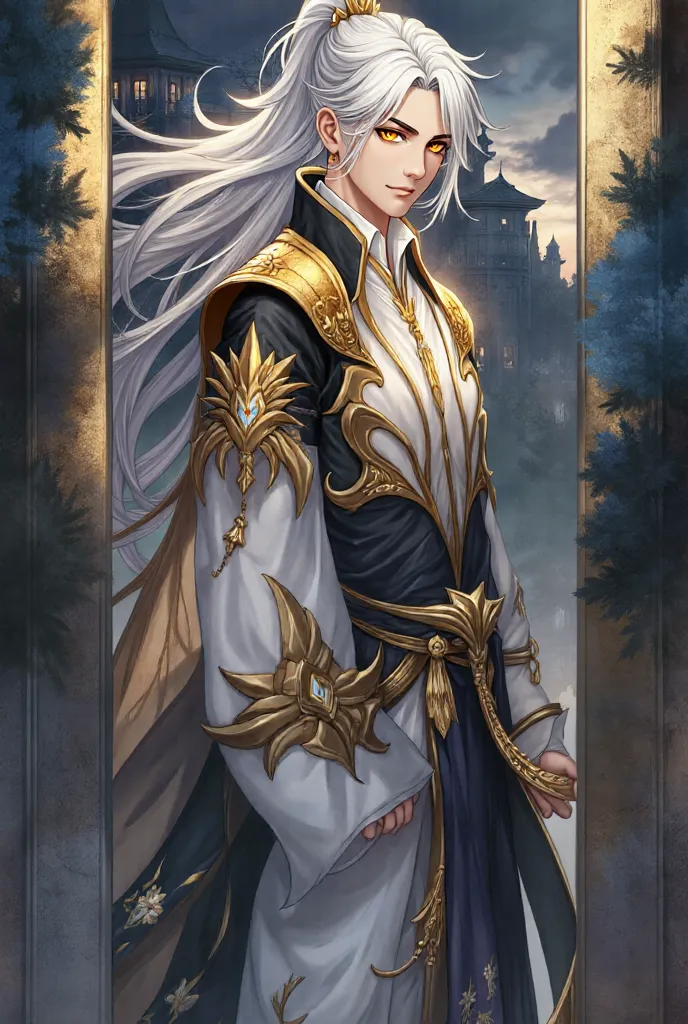 full body image, handsome protagonist xianxia, long silver hair , golden amber calm eyes colour((just pupils is golden amber colour)),handsome face (mature on range 20-25 yo), golden arm, detailed character portrait, fantasy style, dramatic chiaroscuro lig...