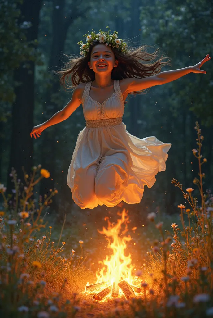 A girl jumps over a fire with a kupala wreath