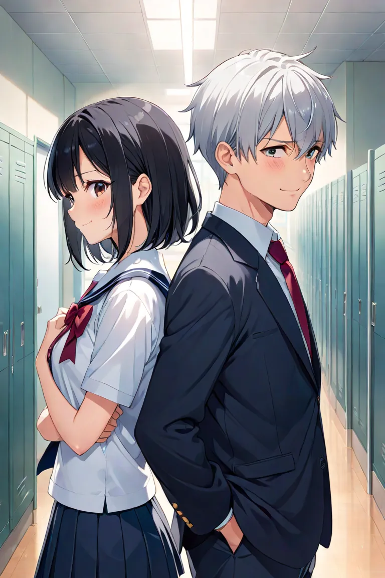 Man in school uniform with black hair standing back to back with high school girl with silver hair, shy smile, Anime Illustration