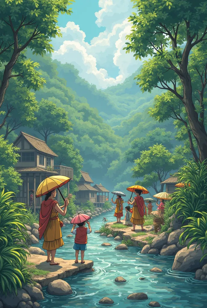 Give me an anime picture of many villagers conducting awareness campaigns - in a village next to a river coming from the forest - to preserve the forest and carrying pieces of cartoon saying “Save the Forest”
