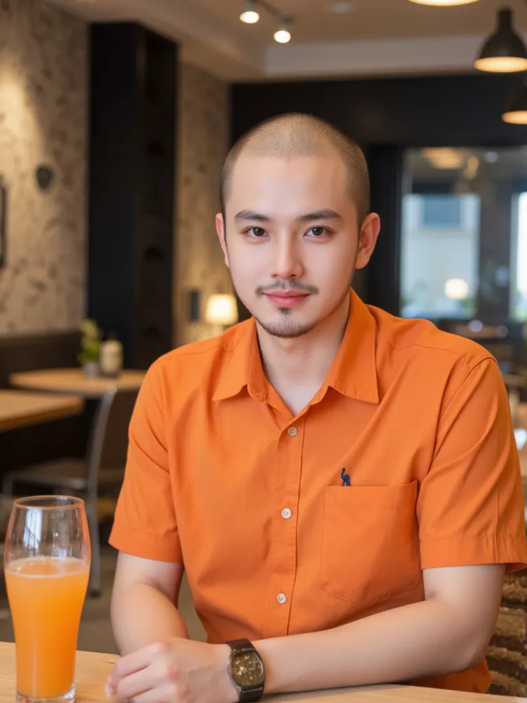 A BALD YOUNG ASIAN MAN WEARING AN ORANGE SHIRT HAS AN ORANGE GLASS OF WATER PLACED ON THE TABLE. HE IS SITTING IN A PRETTY MODERN CAFE.