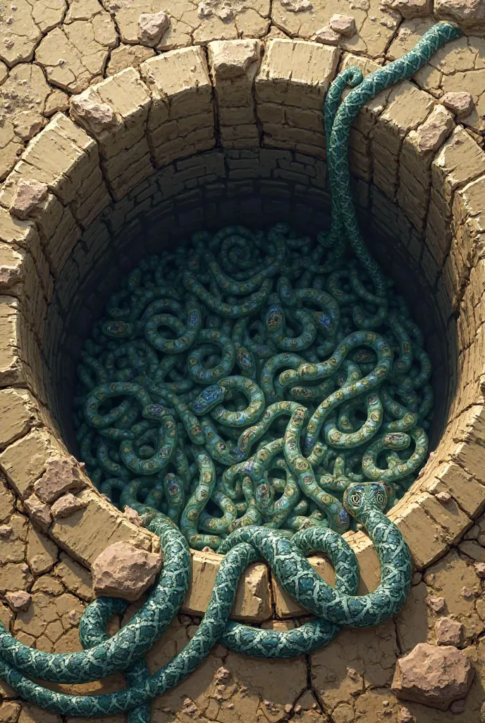 A empty water well filled with thousands of snakes