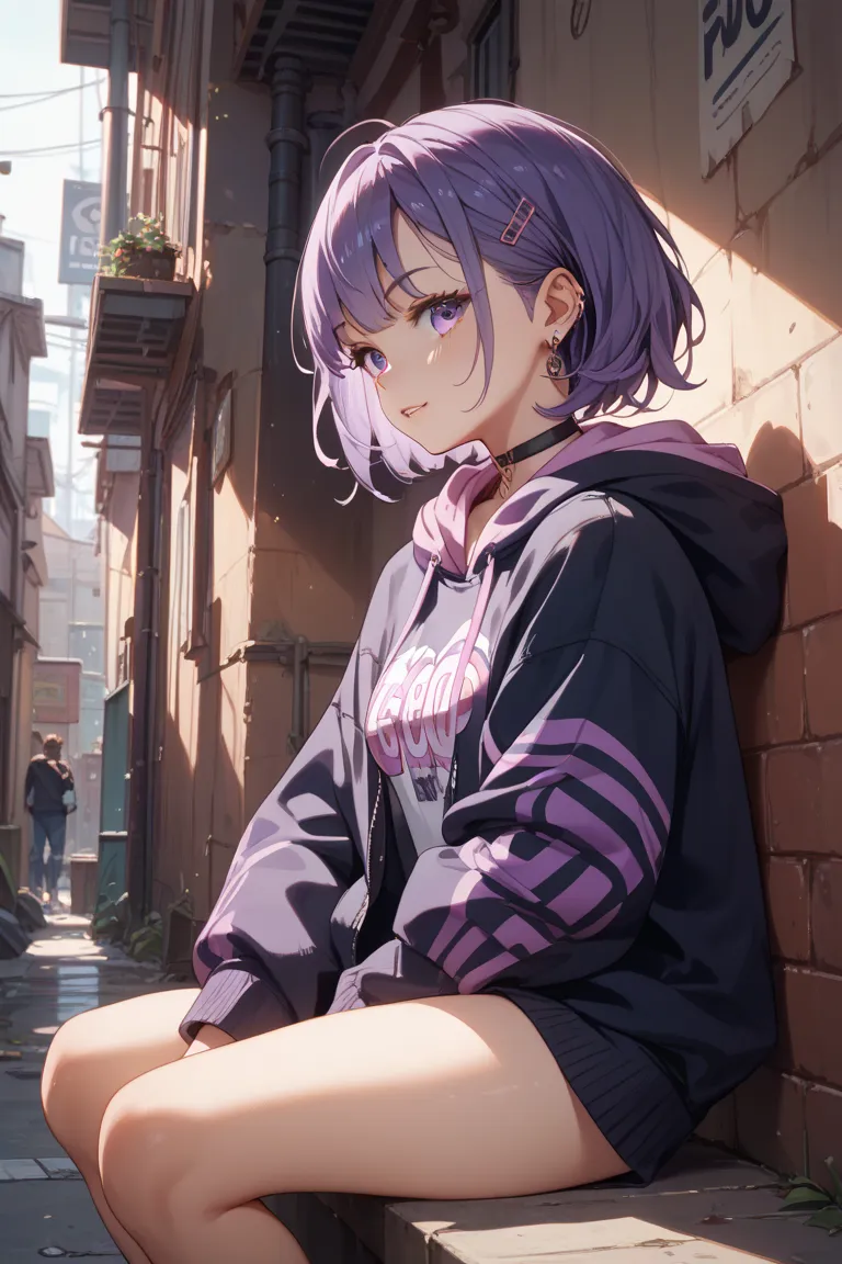 1 girl who died、sitting、 Downer series、Looking at me from the side、Mysterious、masterpiece、top quality、uncorrected、I'm in a dark alley、Her hair is purple、Clothes are hoodies