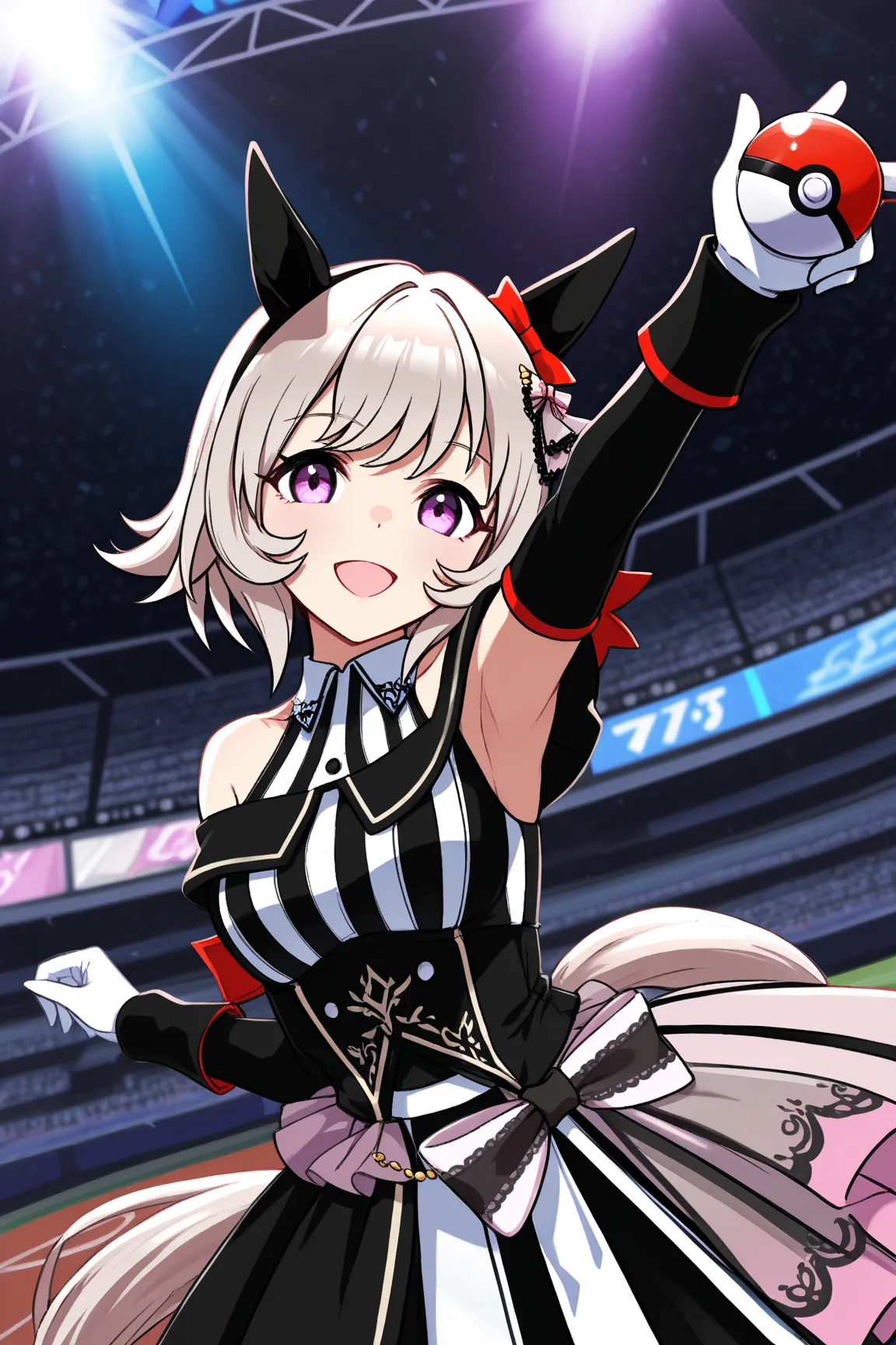 crc wedding, curren chan (umamusume), grey hair, hair ornament, horse ears, horse tail, short hair,ear covers, ear ornament, horse girl, purple eyes, holding poke ball,looking at viewer,　pokemon stadium、lots of spectators、idol costume、ponytail