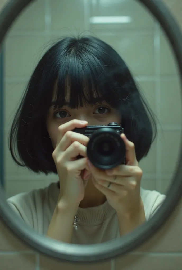 A female high school student with a black bob is taking pictures through a mirror in the bath