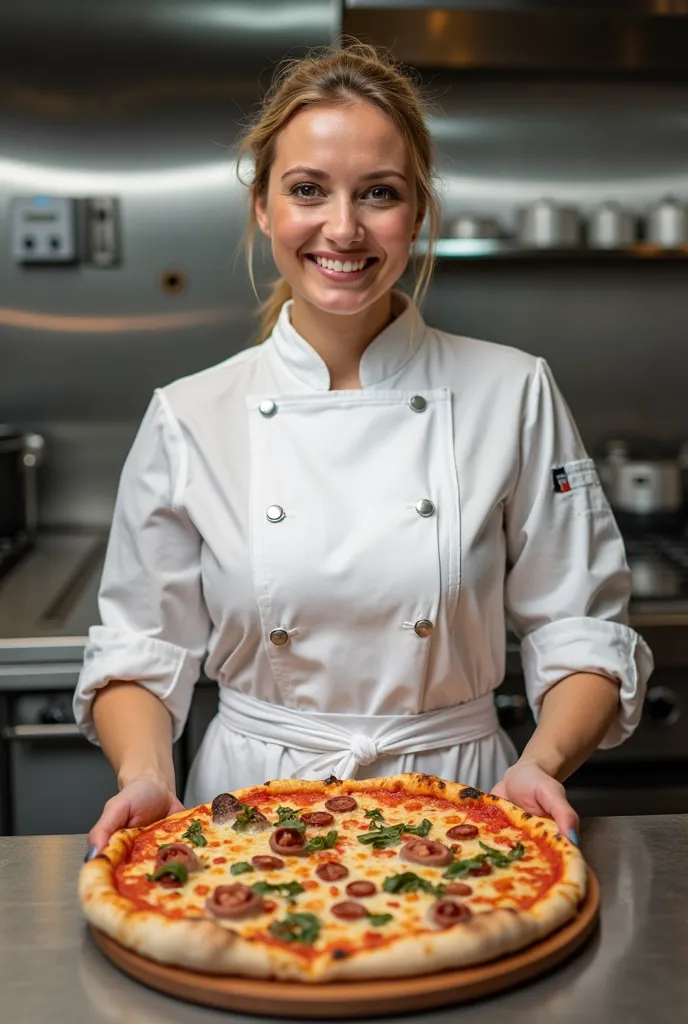 A picture of a female person who is a good food chef in 4K and it should be as realistic as possible without a face and a pizza 