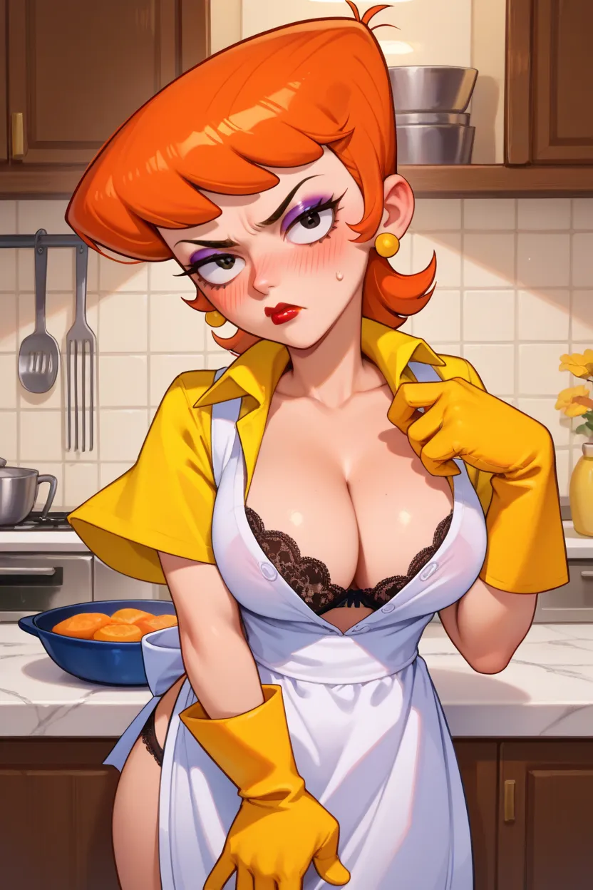 Dexter mother cartoon gloves "Dexter Laboratory",  orange hair, makeup, red lipstick,  blue unbuttoned shirt, black lace bra, yellow gloves, Big breasts, white apron,  black lace panties, blushing, looking at the spectator, In a kitchen, annoyed, Raise you...