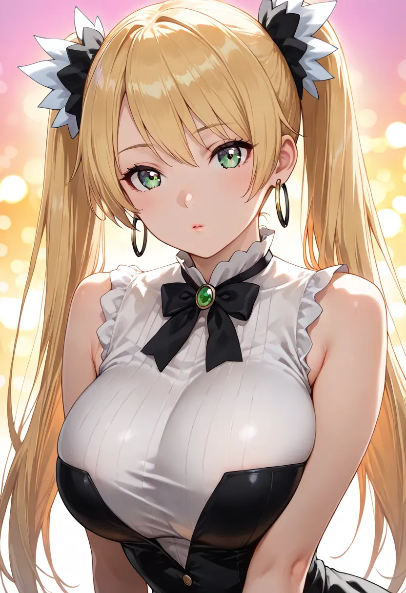 Portrait, cute blond girl,alone,I am blonde， green eyes((very fine eyes,(sensual))，long hair((twin tails)),私の髪型はtwin tailsです， blonde hair with white tips , 金色のtwin tails，Big Breasts, hoop earrings，discreet look,Graceful Standing Position, colorful backgrou...