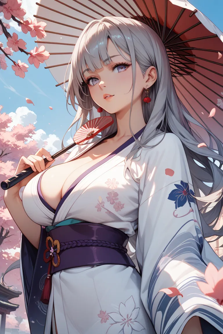 gray hair　long hair　Big Breasts　long white kimono　Purple Belt　Breast Exposure 　Protruding breasts　Long-sleeved kimono　Cherry Tree　 full moon　Fallen leaves effect　cherry blossom petal effect　quiet night　 holding a fan　Unfold an umbrella