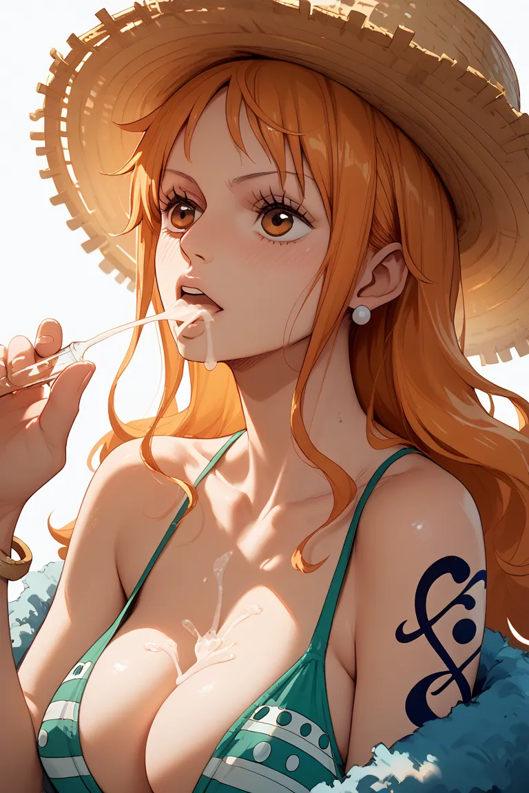 Write Nami in One Piece drinking semen from her dick