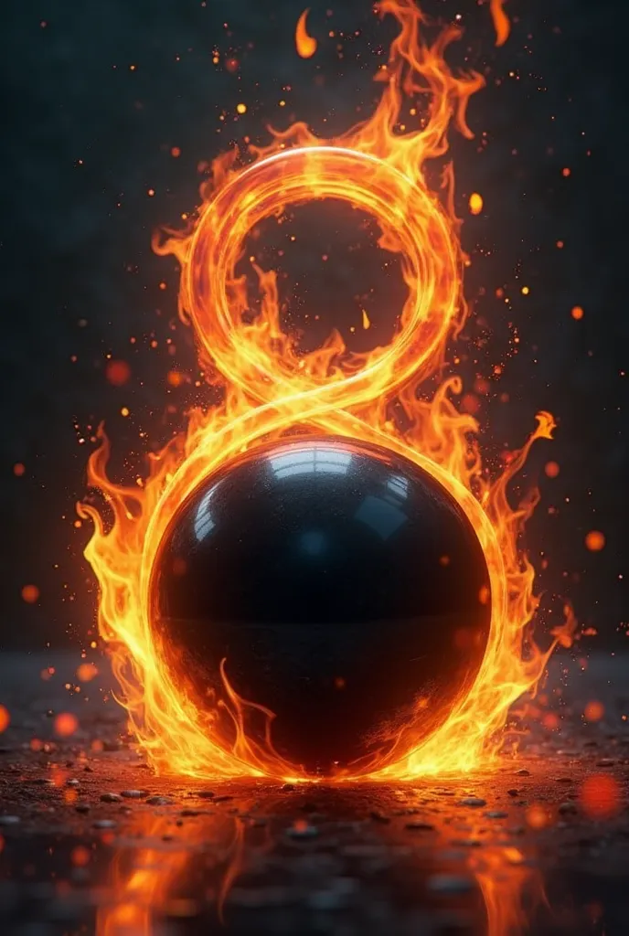 
Draw a black billiard ball figure 8 with flames surrounding it, no background, just the billiard ball figure 8 and flames surrounding it