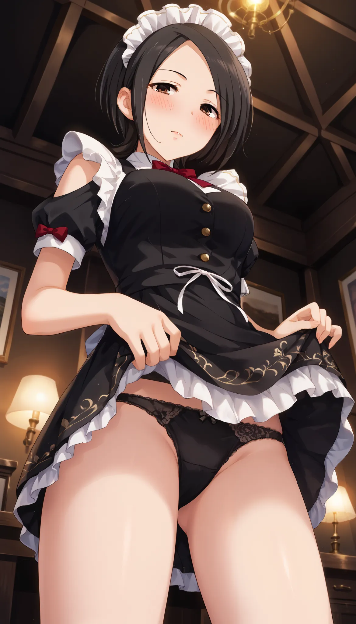 Tougou Ai、black maid outfit、(((low angle)))、room、black panties、lift up the skirt、((blush))、( ashamed)、(Breathing)、 Ulchan-6500-v1.1, ( RAW photos :1.2),  beautiful detailed , in white for summer very detailed目 美しい目, beautiful eyes、Brown Eyes 、 file size is...