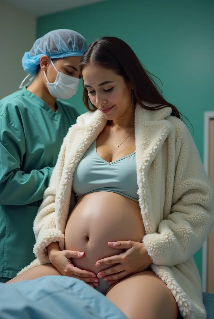 Beautiful pregnant Indonesian woman,  giving birth in the operating room, wrapped in a very thick sherpa blanket, holding back pain in the stomach, while opening both thighs wide with the help of a nurse