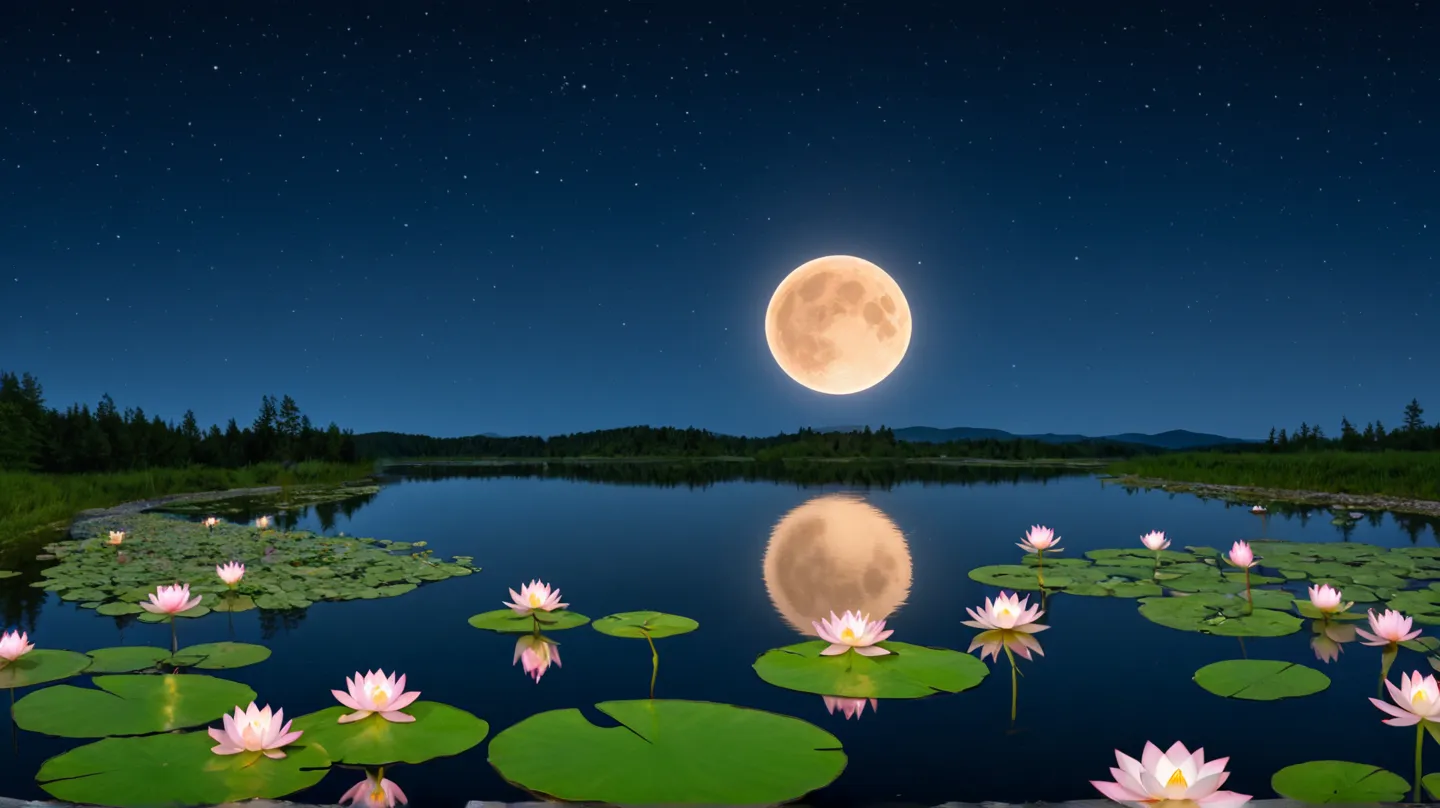 This image is breathtaking! The way the full moon glows over the serene water, illuminating the delicate lotus flowers, creates a truly magical and tranquil atmosphere. The reflection in the water adds depth, making it feel almost dreamlike.