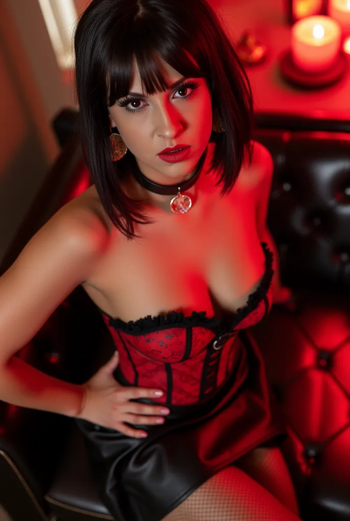 cocodemal, Brothel, very pretty girl, red/black corset, black leather skirt, hands on hips, Pretty face, High detail. Hoop earrings, platform high heels, fishnet leggings, Beautiful. Dark red Bob hair, red light, Makeup, Masterpiece, Super Detailed, Textur...