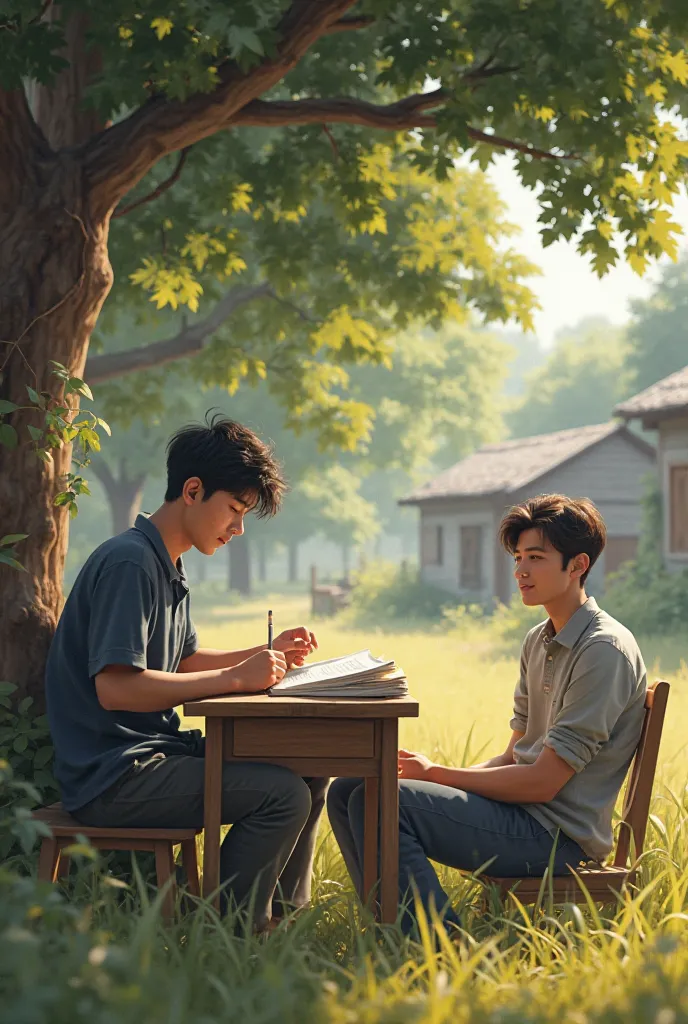 "A hardworking young man reading books and taking notes at a small wooden desk, while another man is lazily lying under a tree, looking uninterested and relaxed. The setting is a peaceful rural village."
