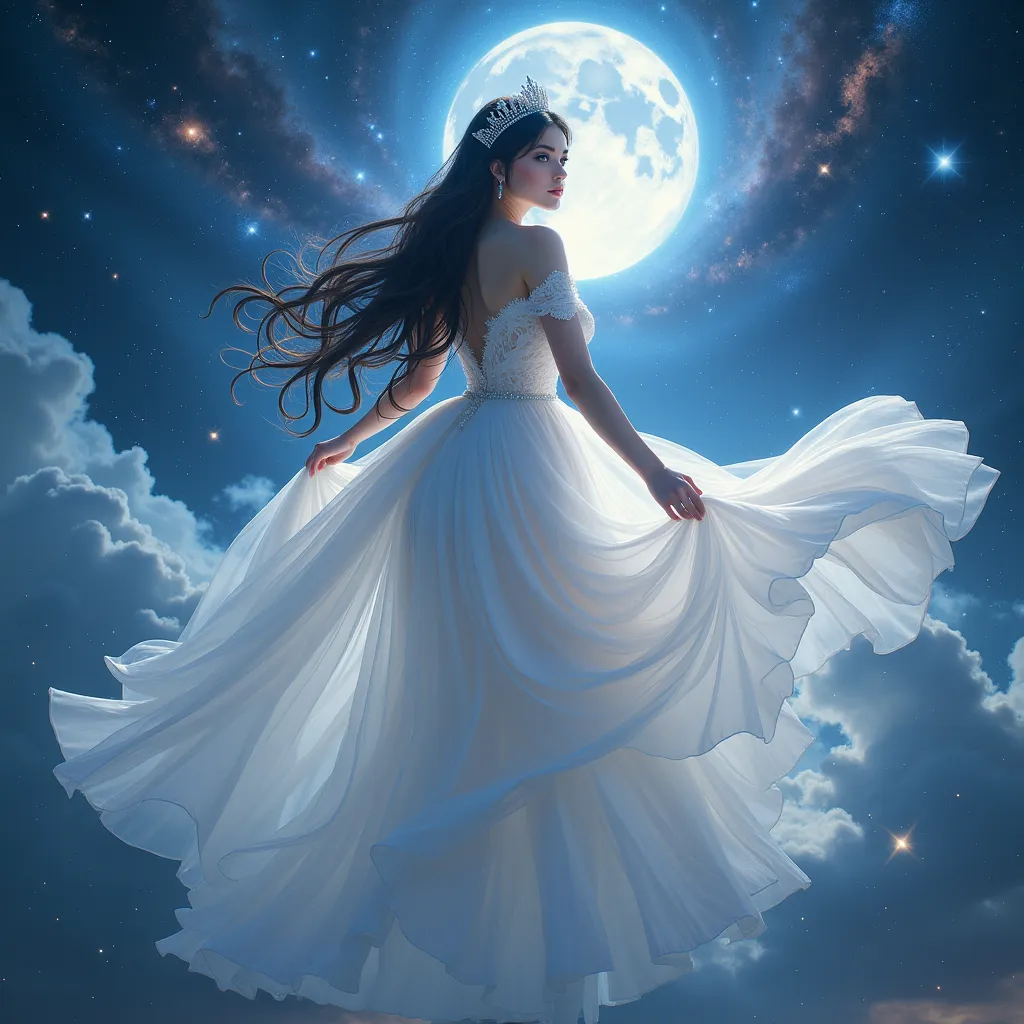 The queen of light with long black hair, wearing white dress and sparkling crown in the universe with full body. close to the moonlight, gentle white clouds, fairy-like girl in the clouds.