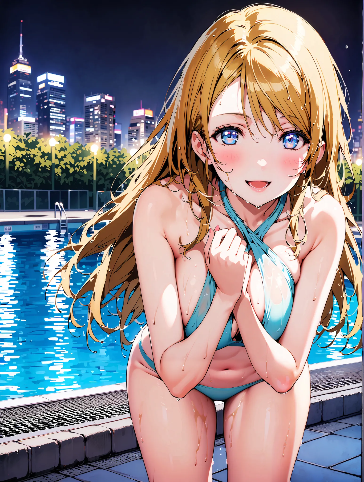 Area Se, Eli Ayase,  yellow hair , blue eyes,long hair,Alone,smile,blush,open your mouth,Big Breasts,Chest Valley,light blue bikini swimsuit,wet hair,wet skin, wet swimsuit ,night,ナイト pool,綺麗なnight景,Beautiful cityscape,is standing,full bodyがイラストに入るように,    ...