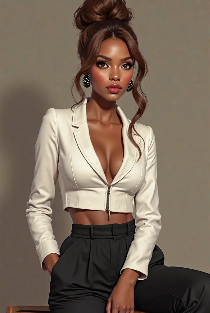 She must be a realistic woman with brown skin and brown eyes must have wavy honey brown hair tied in a high bun and wear a white cropped mini jacket with a zipper in the middle and wide black dress pants and black polka dot earrings she must be seated