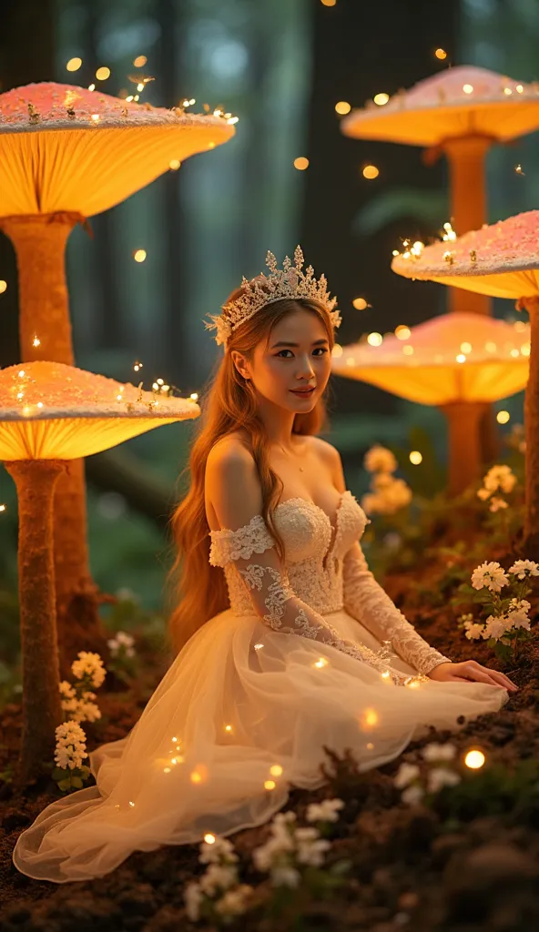 "A fairy queen with porcelain-like skin sits in the heart of an enchanted forest, surrounded by towering mushrooms and glowing bioluminescent plants. Tiny forest creatures and fairy aestheticians prepare an organic skincare treatment using crushed petals, ...