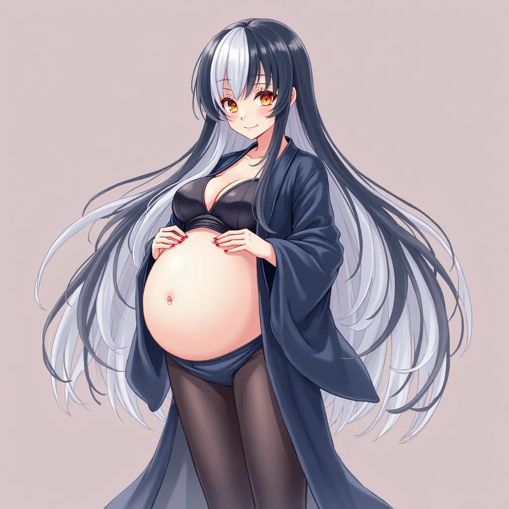 anime girl, long hair, big pregnant, orange eyes , very big breasts, very big belly , pregnant girl, biggest belly , anime style, half dark blue half white hair, big breasts, pregnant girl with big belly, smile,dark blue japanese long kimono ,dark blue thi...