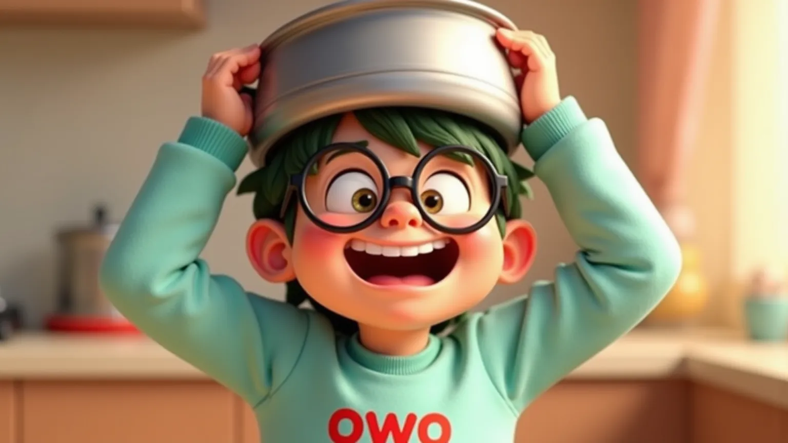 Prompt Seaart:
A cute close-up scene of Owo, an  boy with green slightly messy hair and big black round glasses, wearing a light blue long-sleeve Muslim shirt with "owo" written in red font. He is playfully wearing a silver cooking pot on his head like a h...