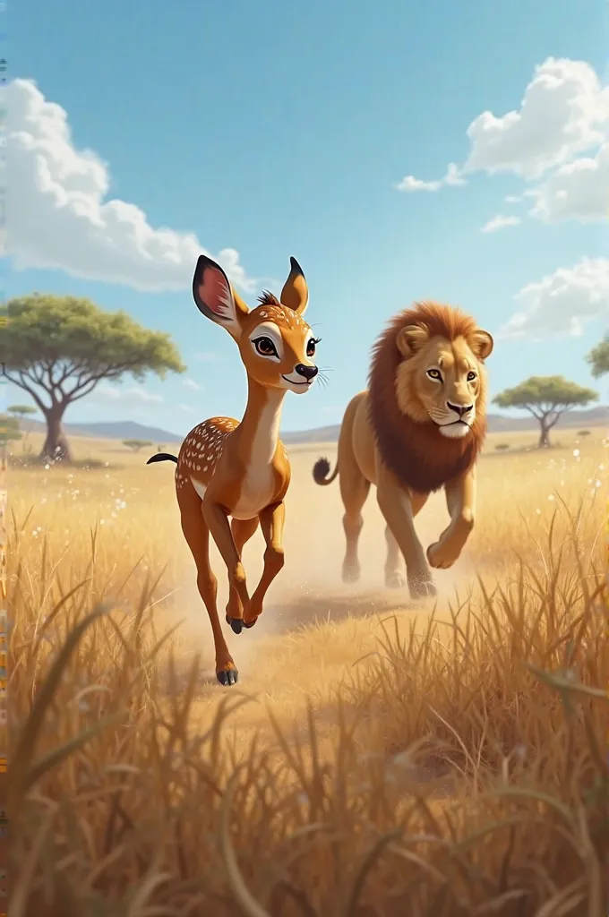 A realistic image of a young deer (fawn) running away from a lion in a savannah landscape. The deer looks frightened, leaping gracefully through tall grass, while the lion chases in the background with an intense, focused expression. The scene is dynamic, ...