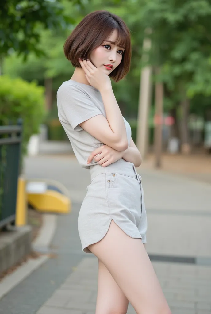 
Chestnut Brown Hair。Half body shot with short hair、Slim short skirt ，Outdoor park，Flat body，Slightly fat