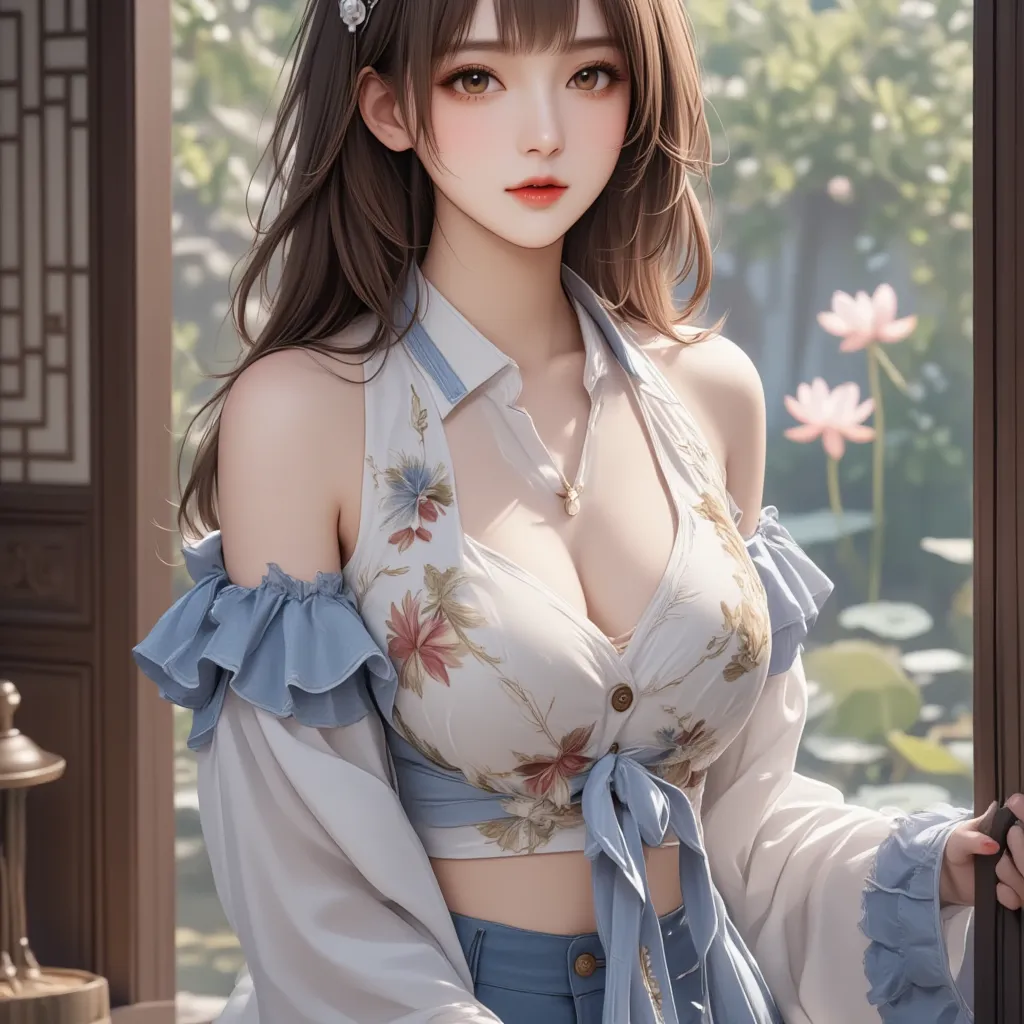  Chinese style，25 years old Asian beauty，beautiful hanfu(Low Bust Design)，Full breasts，blue and white gradient long hair waist，Long legs， slim waist ，beautiful classical courtyard scene(Carved mahogany window/Lotus pond/mist)，full-body photo center composi...