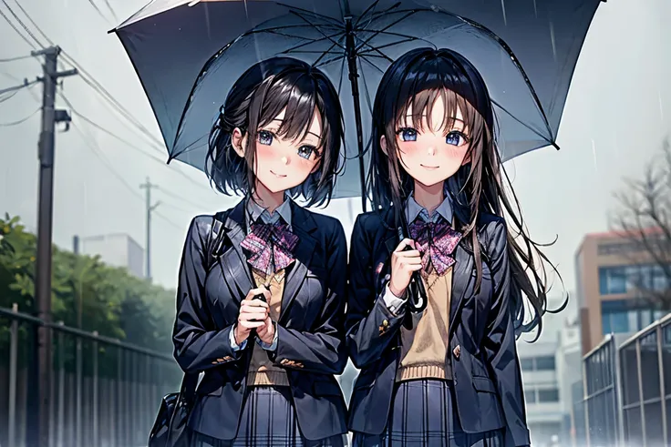 On a rainy day in March、an 18-year-old girl with black hair in school uniform（Dark blue blazer and checked skirt）Wearing、wearing a matching umbrella in front of the school gate。smiling while blushing slightly。