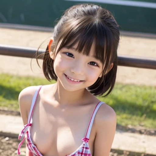    she's smiling 、very small breasts、1 small elementary school girl、ribbons、beautiful small nipples、