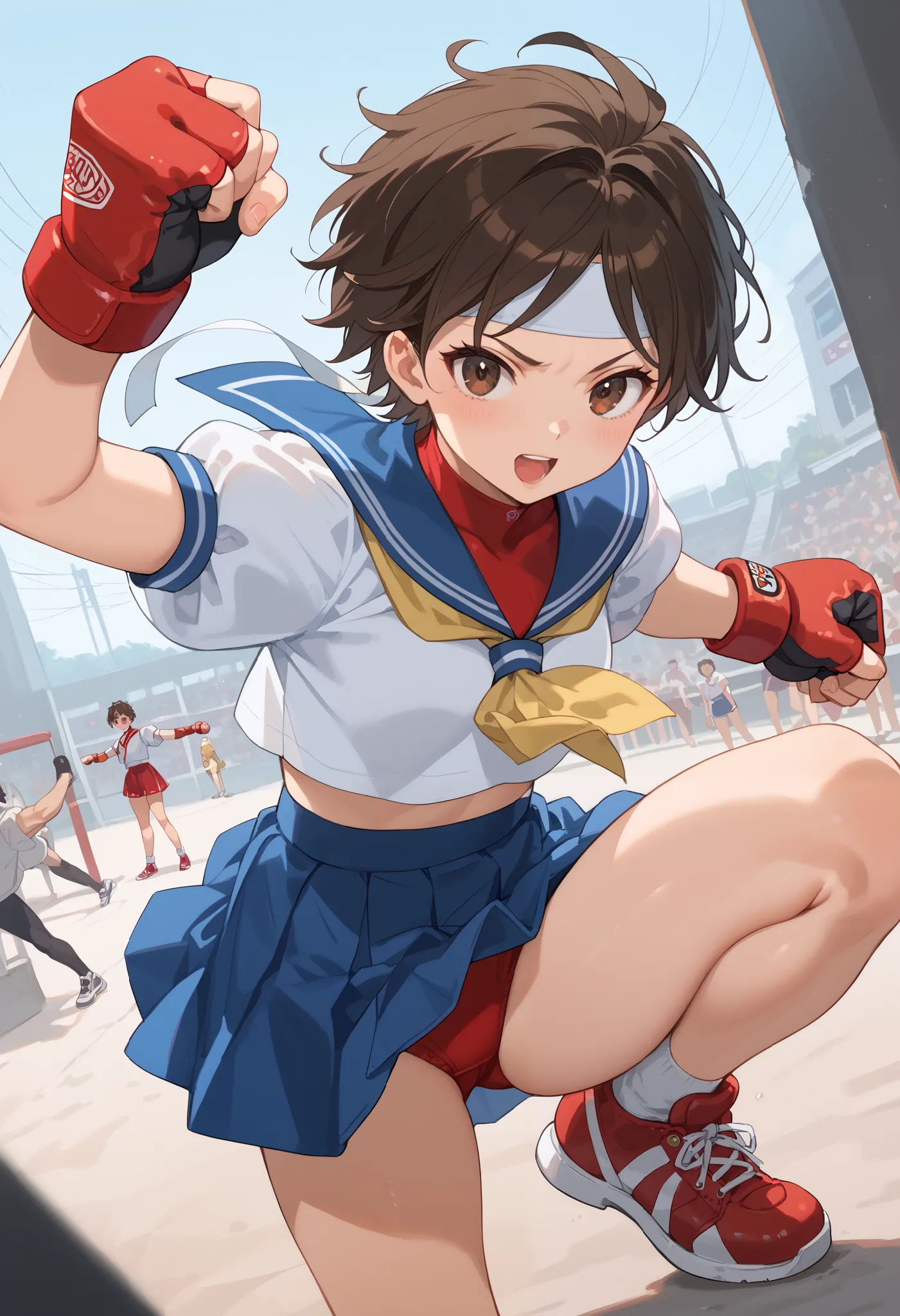 score_9, score_8_up, score_7_up, score_6_up, score_5_up, score_4_up,dutch angle, BREAK masterpiece,SAKURACLAS, brown hair, brown eyes, white headband, serafuku, blue sailor collar, short sleeves, red undershirt, blue skirt, midriff, mma gloves,red buruma,s...