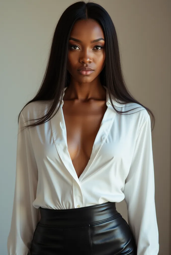 African woman with straight long hair in white open blouse and tight black leather skirt 