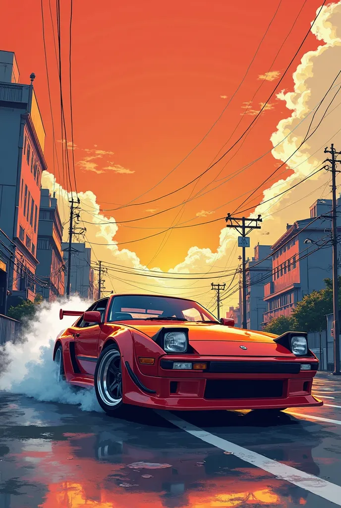 make me an epic illustration of one of a sports car Japanese and classic, con el cielo  orange tipo atardecer, that you can see one or the other building, obvious I want it to be influenced by drift culture in Tokyo, and I want it to be in a studio style G...