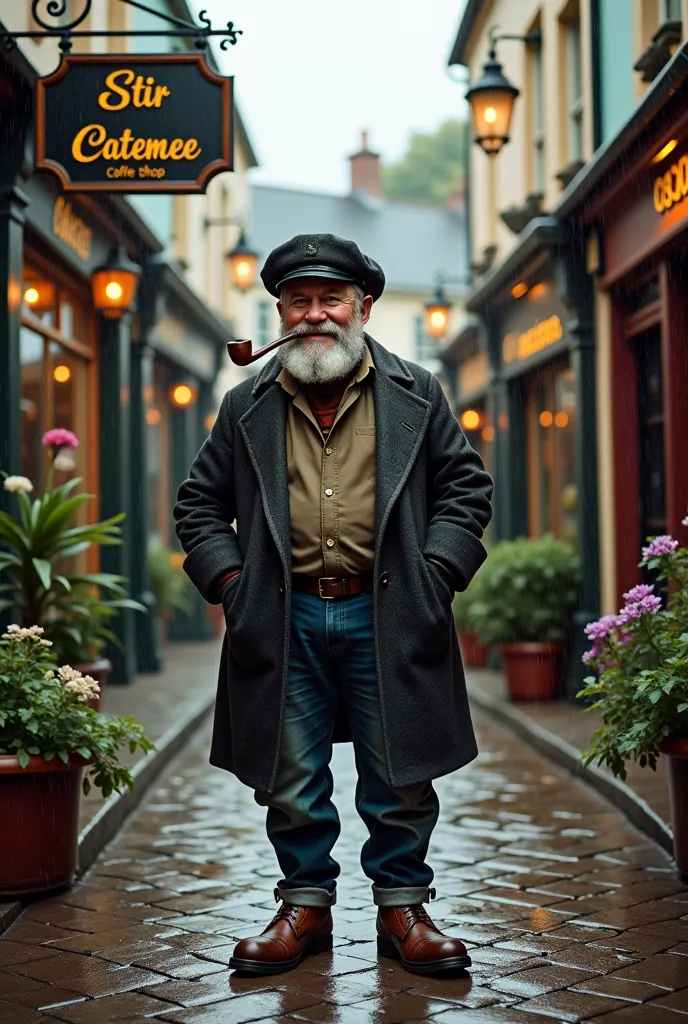 A coffee shop sign with a Norman Rockwell advertisement colorized drawn portrait of a man with a beard called Bruce, friendly-looking man with an scottish fisherman's hat and a pipe in his mouth like a fisherman and "Stir CATEMEE" and " Coffee Shop " writt...