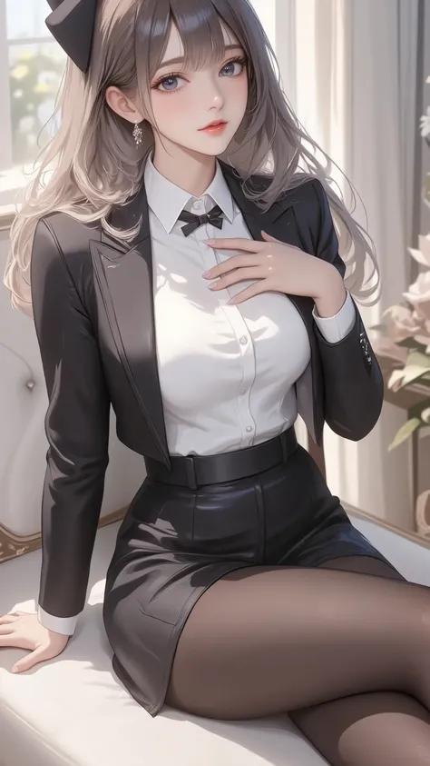 best quality, ultra-detailed, 1girl, full body, huge filesize, artbook, day, indoor, curtain, black hair, blunt bangs, grey gradient hair, ((black eyes)), huge breasts, black silk stocking, collared shirt , business suit, high heels, hair bow, smirk, sitti...
