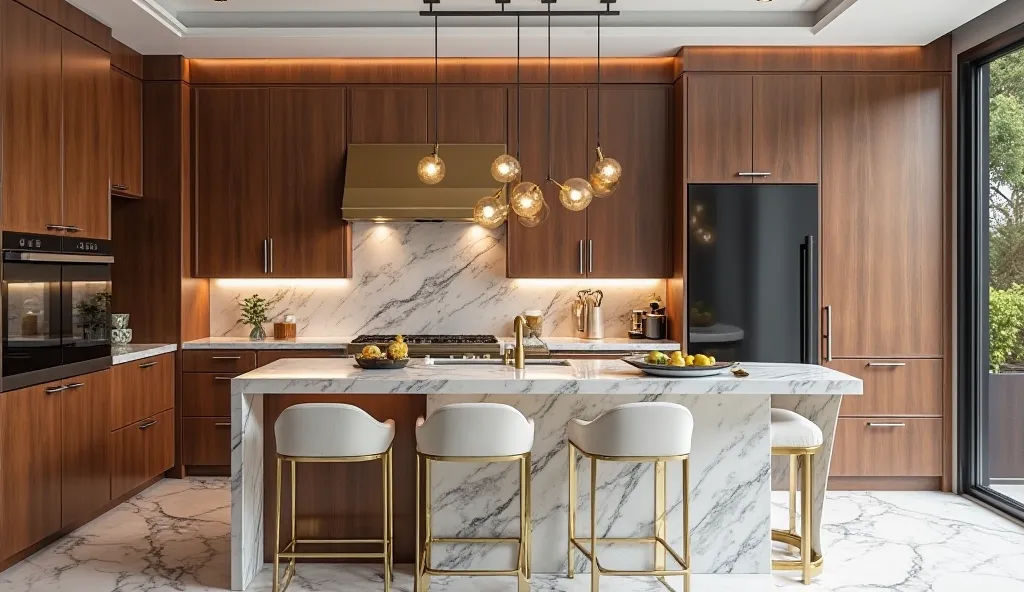 Design a luxurious kitchen where every element, from materials to appliances, exudes sophistication and elegance. Incorporate high-end finishes such as marble countertops with dramatic veining, custom cabinetry in rich wood or sleek lacquer, and metallic a...