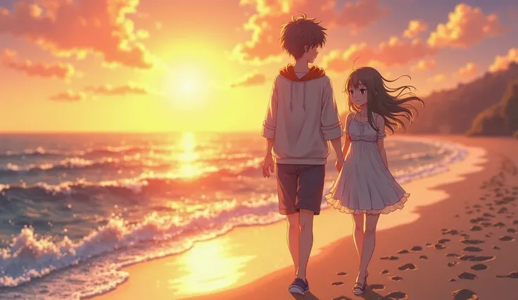 A beautifully detailed anime scene of a age boy and girl walking beside the beach at sunset. The golden sun casts a warm glow over the ocean waves, reflecting hues of orange, pink, and purple in the sky. The gentle breeze moves their hair slightly as they ...