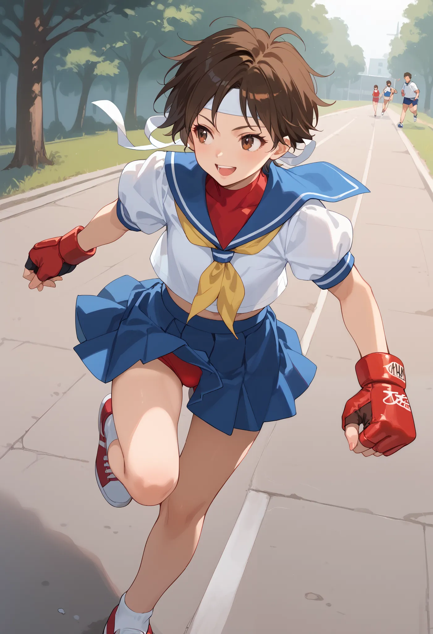 score_9, score_8_up, score_7_up, score_6_up, score_5_up, score_4_up,dutch angle, BREAK masterpiece,SAKURACLAS, brown hair, brown eyes, white headband, serafuku, blue sailor collar, short sleeves, red undershirt, blue skirt, midriff, mma gloves,red buruma,r...