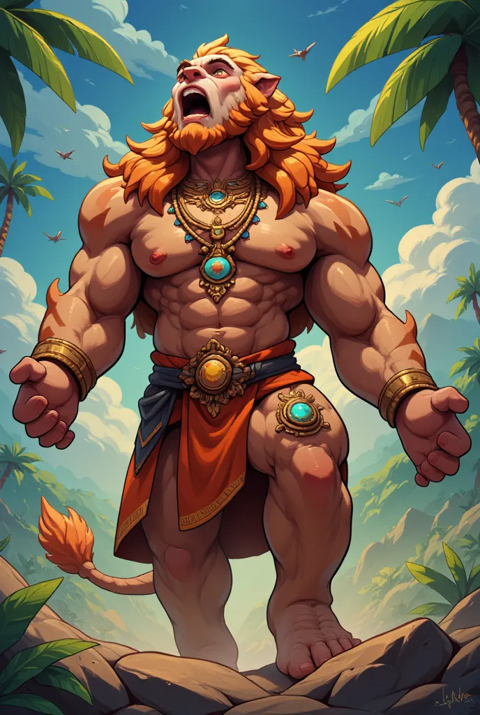 "Create a 2D digital illustration of the Hindu god Narasimha, depicted in a fierce pose, roaring while looking upwards. Portray him as a powerful figure, embodying both lion and human characteristics. Emphasize his tall, muscular physique and detailed furr...