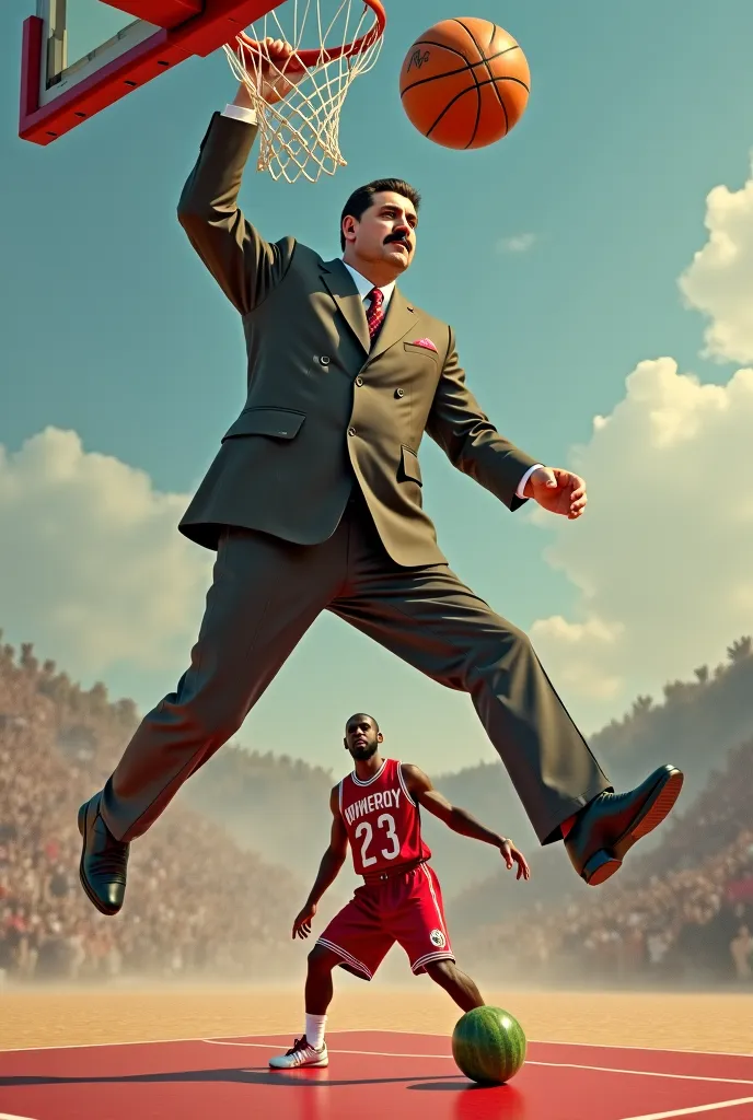 Stalin dunking on lebron james with a watermelon make the number 23