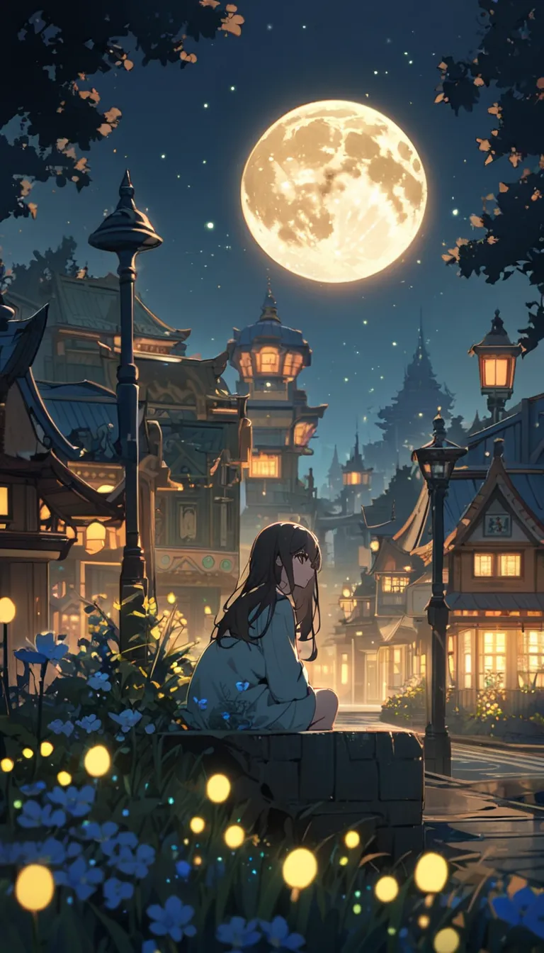 A girl sitting on park, watching the moon City park at night, fireflies, street lamps, trees, flowers, big moon