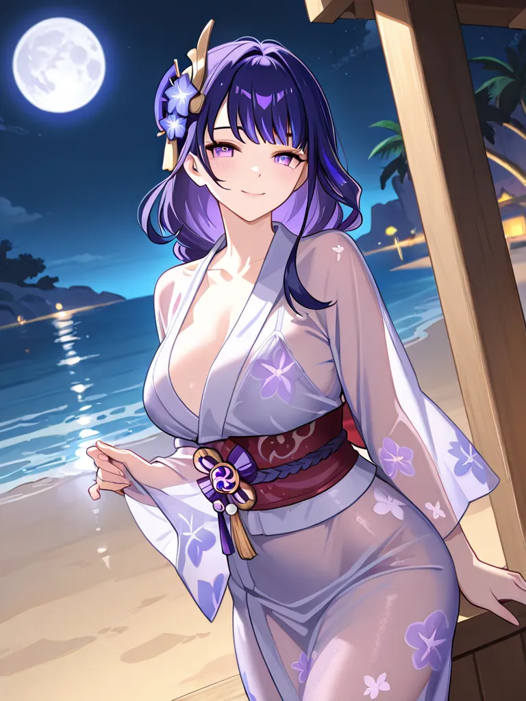 1 girl, Translucent fabric, beach, summer, smile on face, wife ,   smile on her face, 1 girl , purple eyes, yukata miko, red yukata , yukata, night,moon🌙, genshin impact, raiden Shogun , Adult woman, wife, Different hairstyles, Beautiful hairstyles,