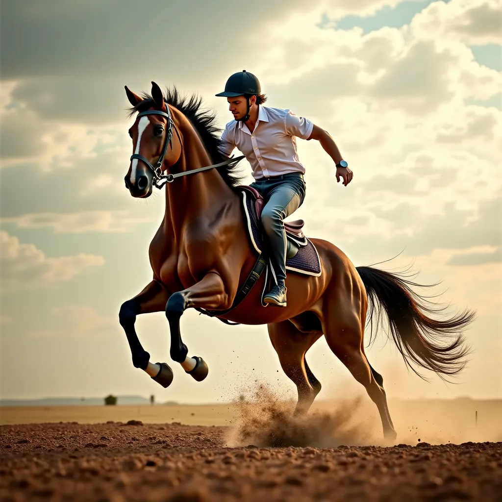 a horse in panic, throwing off a rider, realistic, detailed, high definition, photographic quality,  dynamic scene, dramatic light, breathtaking composition,  natural setting , detailed study, Powerful emotions, гиперrealistic, 4K,expressive anatomy,pictur...