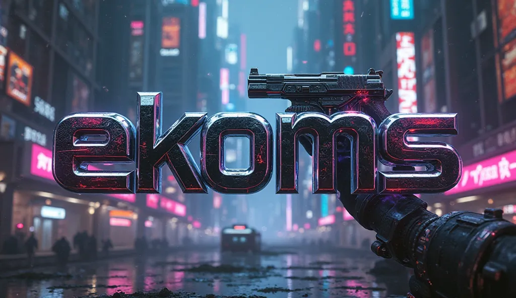 create a cyberpunk style design with a name "ekoms" and put a gun on it