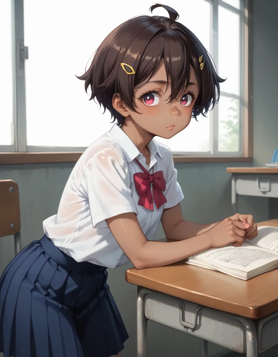 score_9, score_8_up, score_7_up, score_6_up, score_5_up, score_4_up, 1GIRL,(SHORTSTACK:0.4) , lemon yakishio, short hair, brown hair, ahoge, pink eyes, hair clip, hair between eyes, dark skin, dark-skinned female 
, ((BIG PUBES)) ,skirt, shirt, school unif...