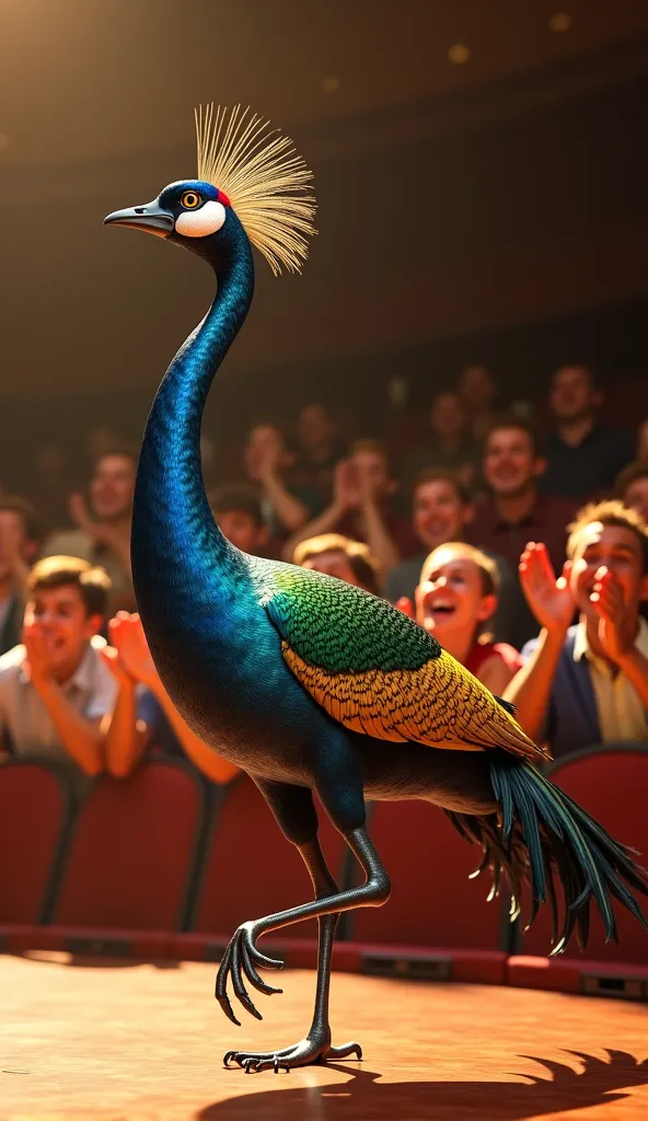 A nice and big bird is walking on a stage like a model and audience give clap.