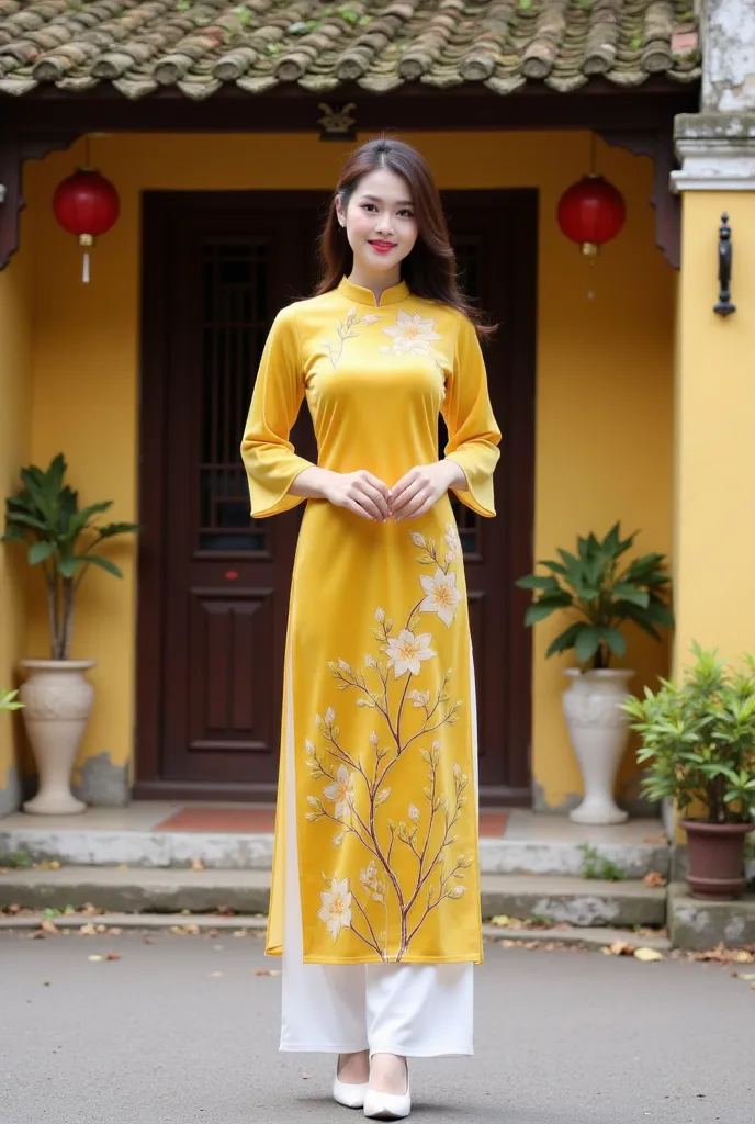 This image depicts a woman wearing a traditional Vietnamese ao dai. The ao dai is bright yellow with delicate floral and branch motifs, paired with white pants. She stands in front of a traditional house with a yellow background, an old tiled roof, and sur...